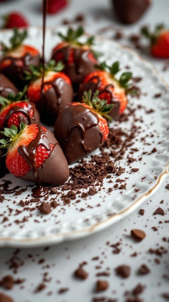 Chocolate-dipped strawberries on a plate with chocolate drizzle and shavings.