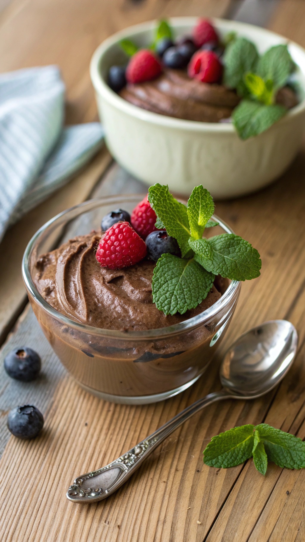 A bowl of chocolate avocado mousse topped with fresh berries and mint on a wooden table.