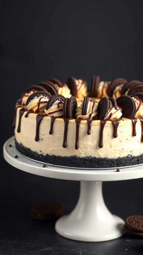 No-Bake Oreo Cheesecake topped with Oreo cookies and chocolate drizzle on a white cake stand.