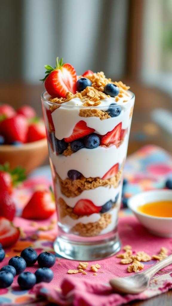 A delicious Greek yogurt parfait layered with strawberries, blueberries, and granola in a clear glass.
