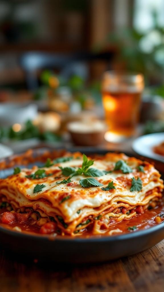 A cozy vegetarian lasagna loaded with veggies, garnished with fresh herbs.