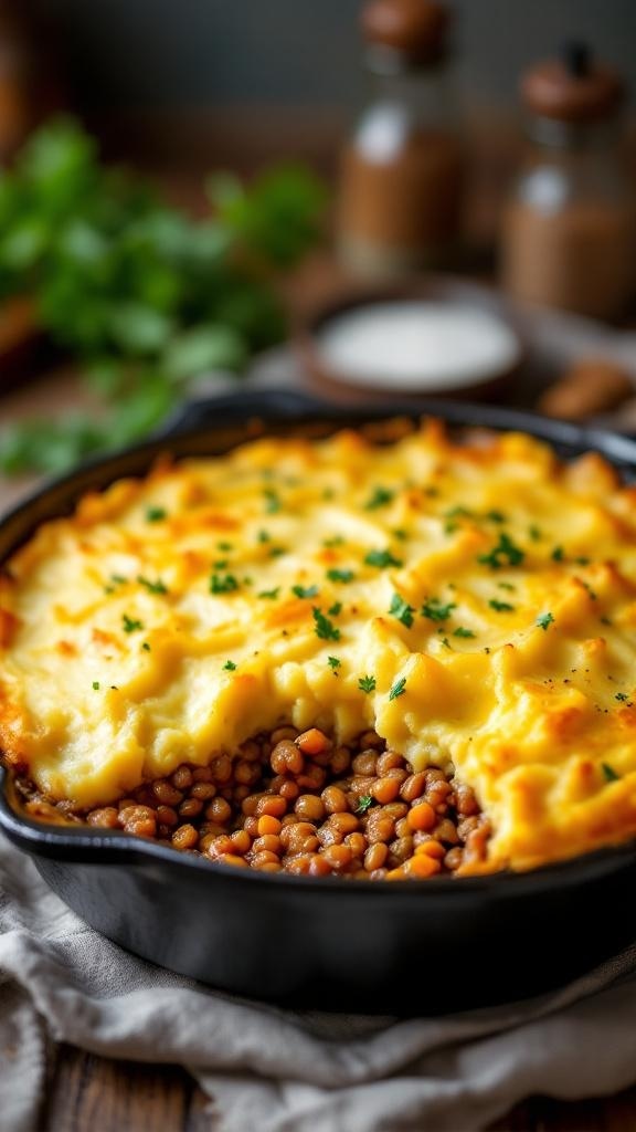 A vegetarian shepherd's pie with lentils, topped with creamy mashed potatoes and garnished with herbs.