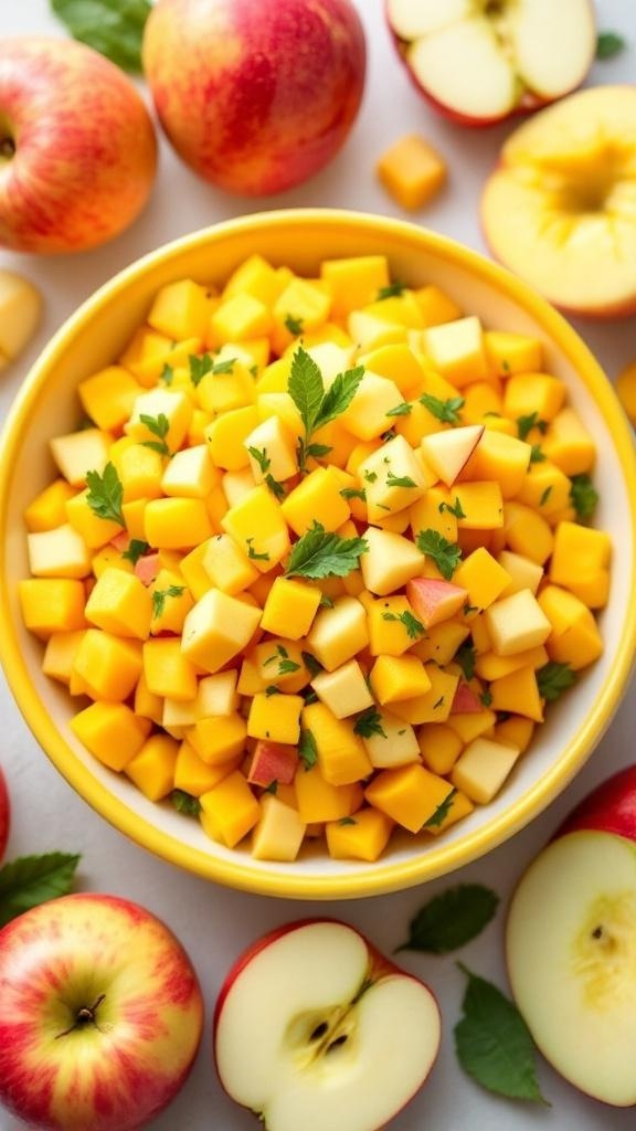 A vibrant bowl of mango and apple salad with fresh mint, surrounded by whole apples.