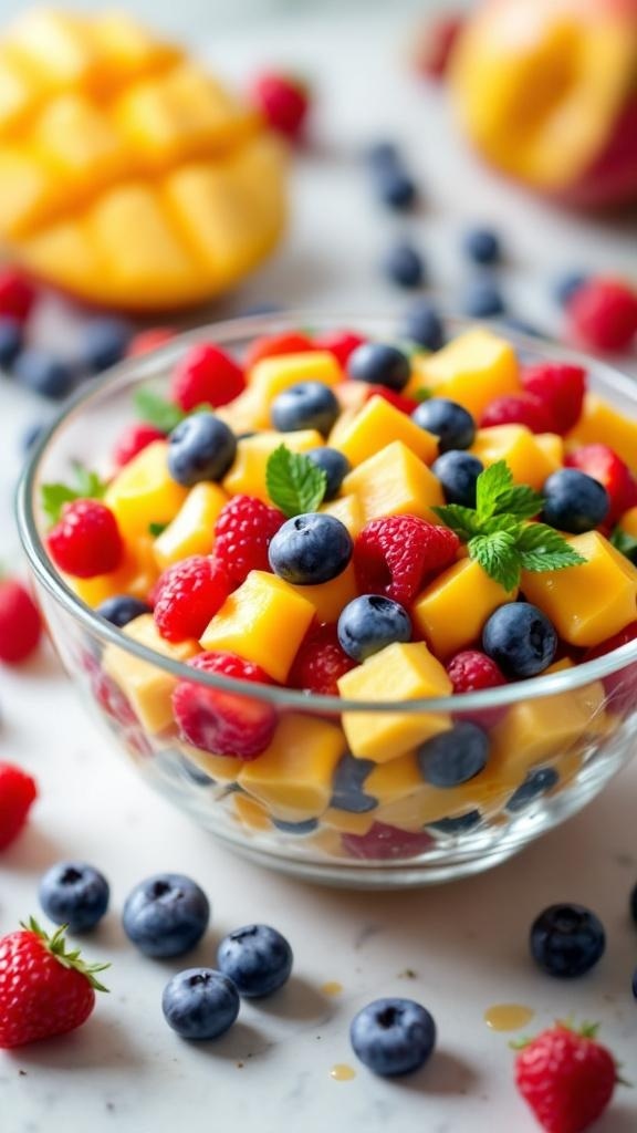 A bowl of mango and berry salad with diced mangoes, raspberries, and blueberries garnished with mint leaves.