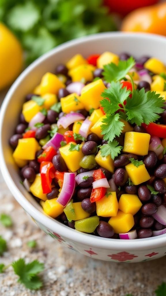 A colorful mango and black bean salad in a bowl, featuring diced mango, black beans, red bell pepper, and red onion, garnished with cilantro.