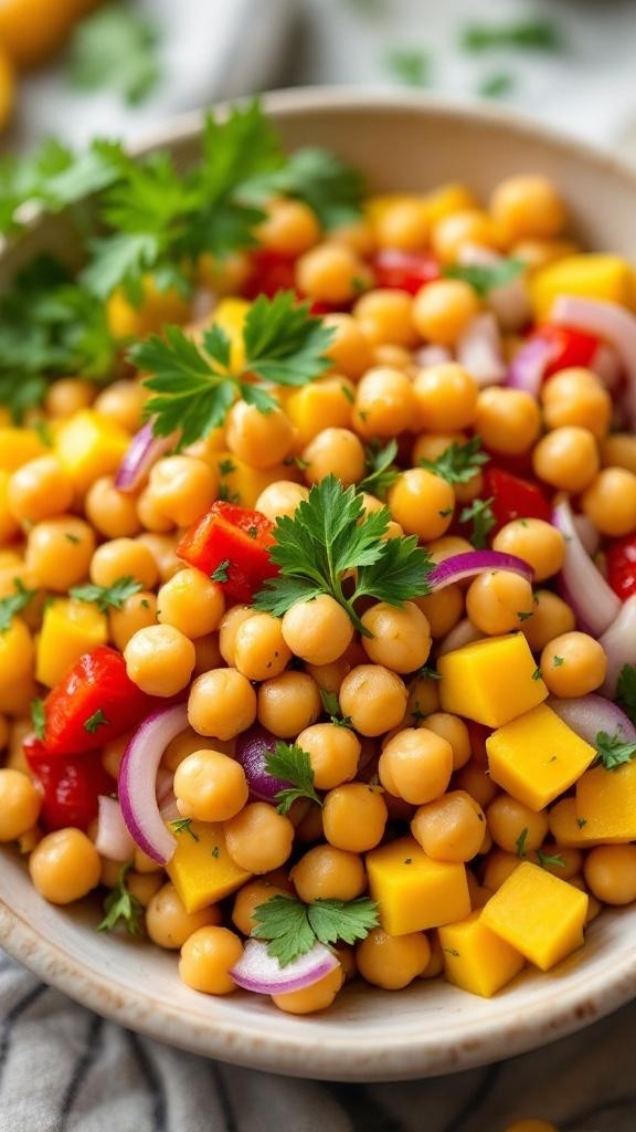 A colorful mango and chickpea salad with diced mango, chickpeas, red bell pepper, and cilantro.