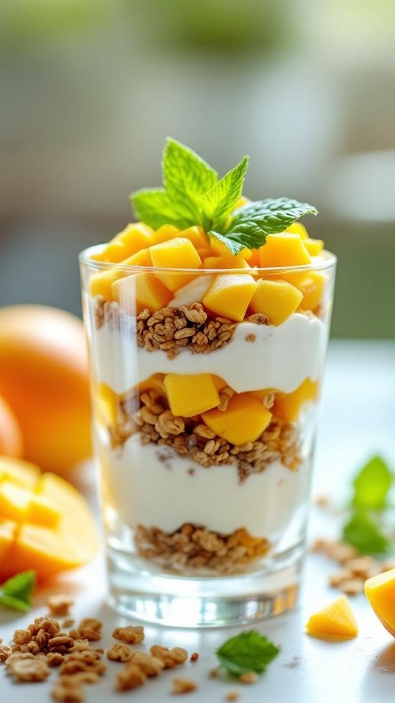 A delicious mango and Greek yogurt parfait layered with granola and garnished with mint.