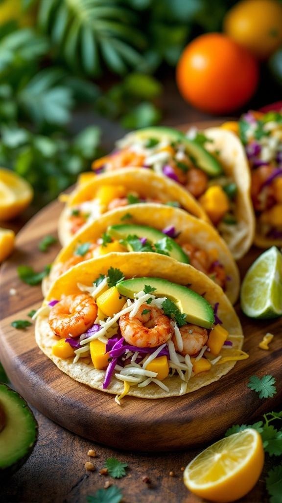 Delicious mango and shrimp tacos with avocado and cabbage on a wooden board
