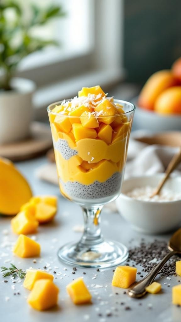 A glass of mango chia pudding topped with fresh mango chunks and shredded coconut, with mango pieces scattered around.