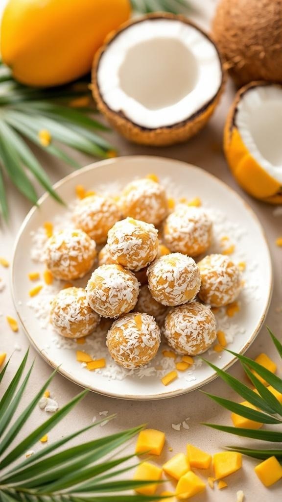 A plate of mango coconut protein balls surrounded by fresh mango and coconut.