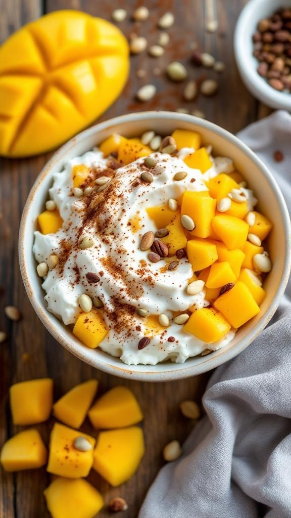 A bowl of cottage cheese topped with diced mango, seeds, and a sprinkle of cinnamon, with mango slices on the side.