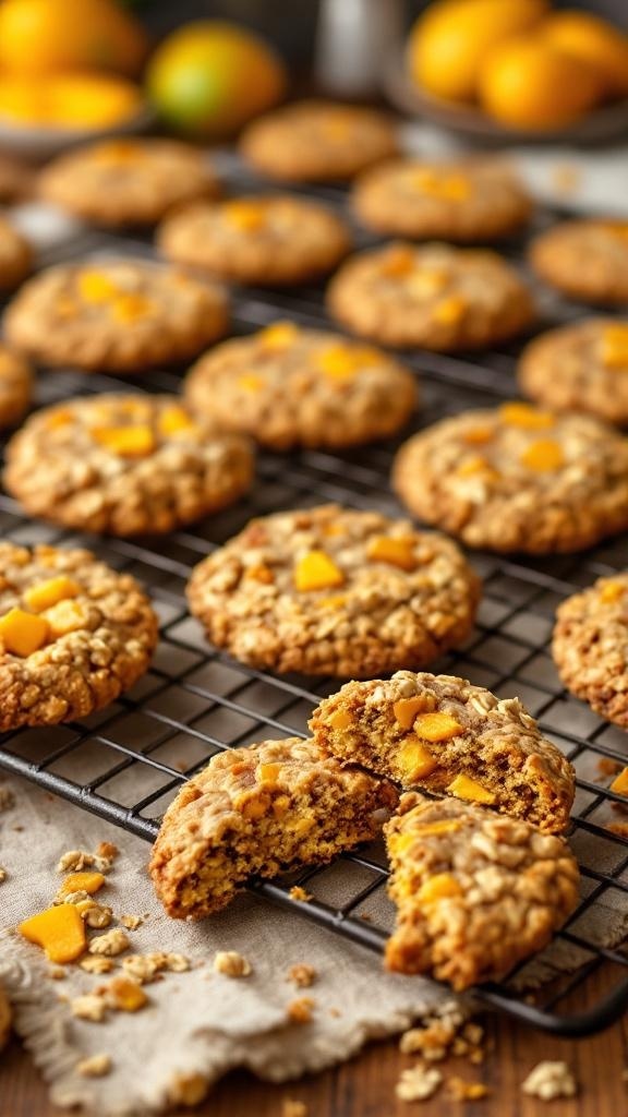 Freshly baked mango oatmeal cookies cooling on a rack with diced mango pieces.
