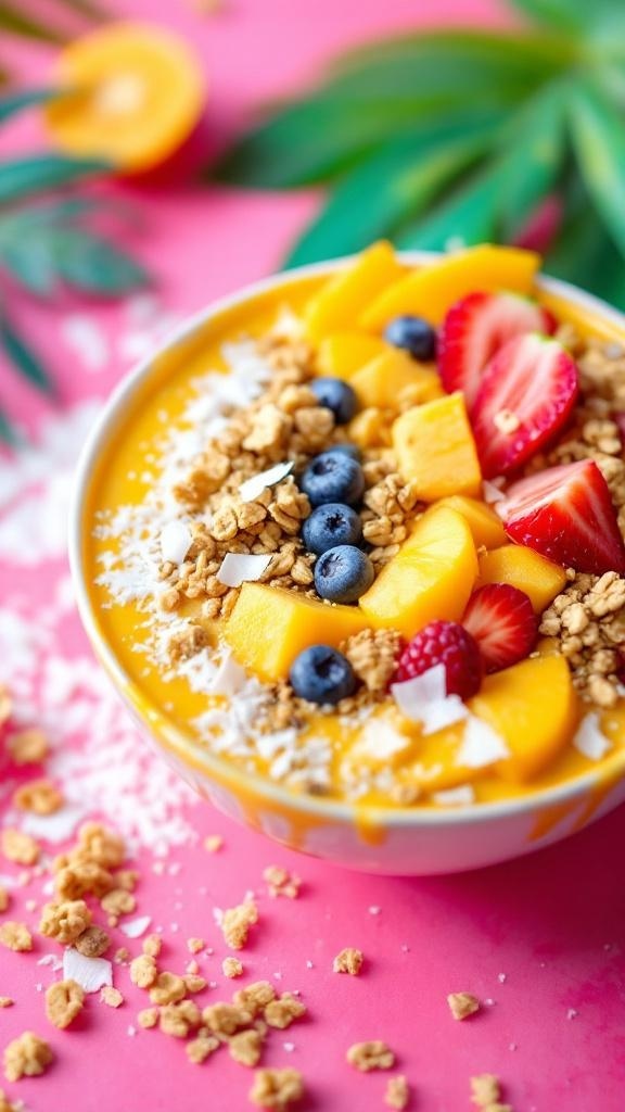 A colorful mango protein smoothie bowl topped with granola, fresh fruits, and coconut flakes.