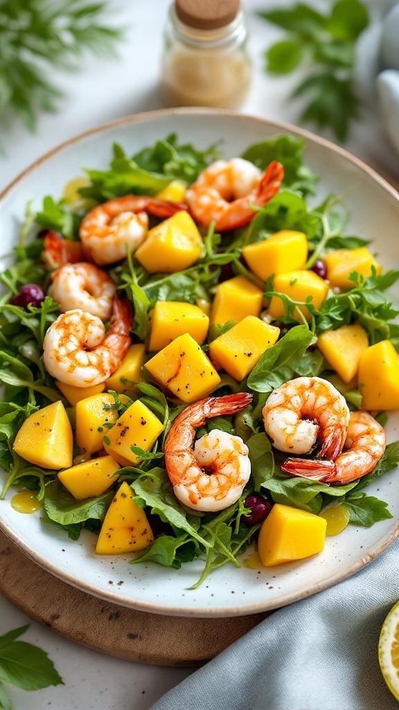 A vibrant mango salad with grilled shrimp, featuring diced mango, arugula, and succulent shrimp.