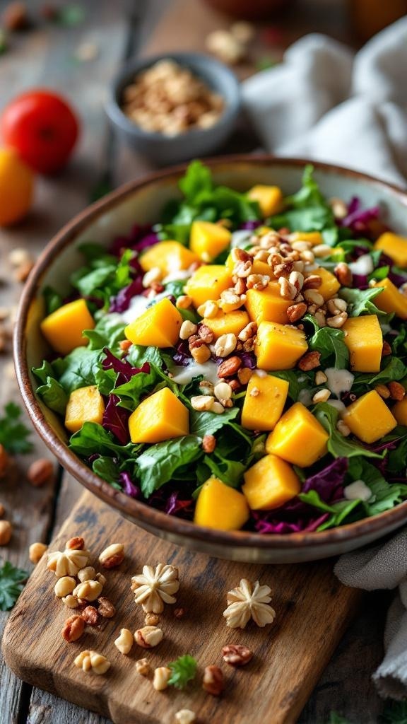 A vibrant mango salad with mixed greens and nuts in a wooden bowl.