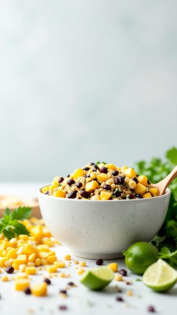 A bowl of mango salad with quinoa, black beans, and corn, garnished with lime and cilantro.