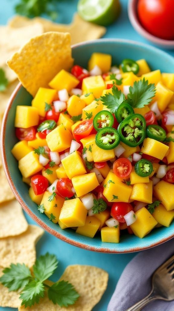 A colorful bowl of mango salsa salad with diced mango, cherry tomatoes, jalapeños, and cilantro, served with tortilla chips.