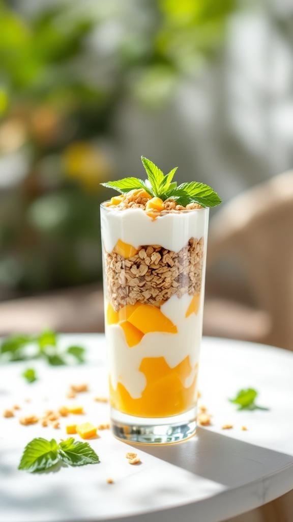 A colorful mango yogurt parfait layered with yogurt, diced mango, and granola, garnished with a mint leaf.