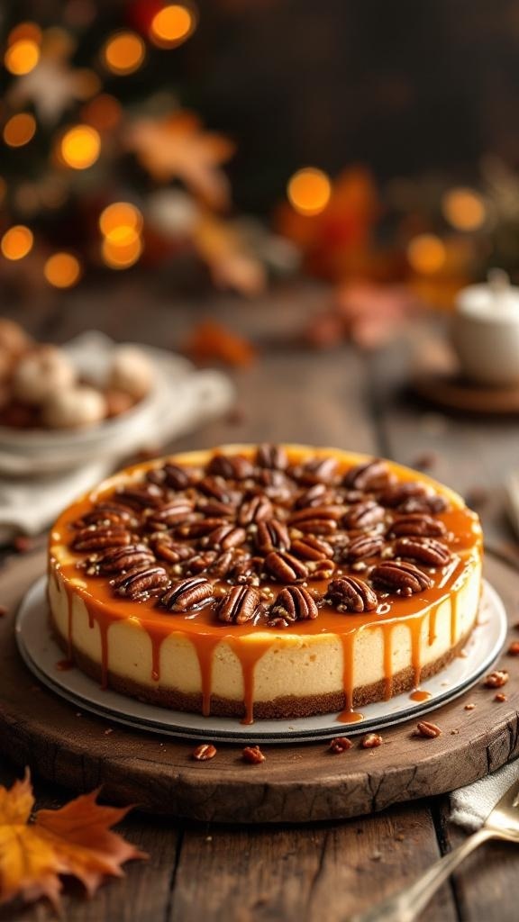 A beautifully decorated maple pecan cheesecake with caramel drizzle and pecans on top, set against a warm, festive background.