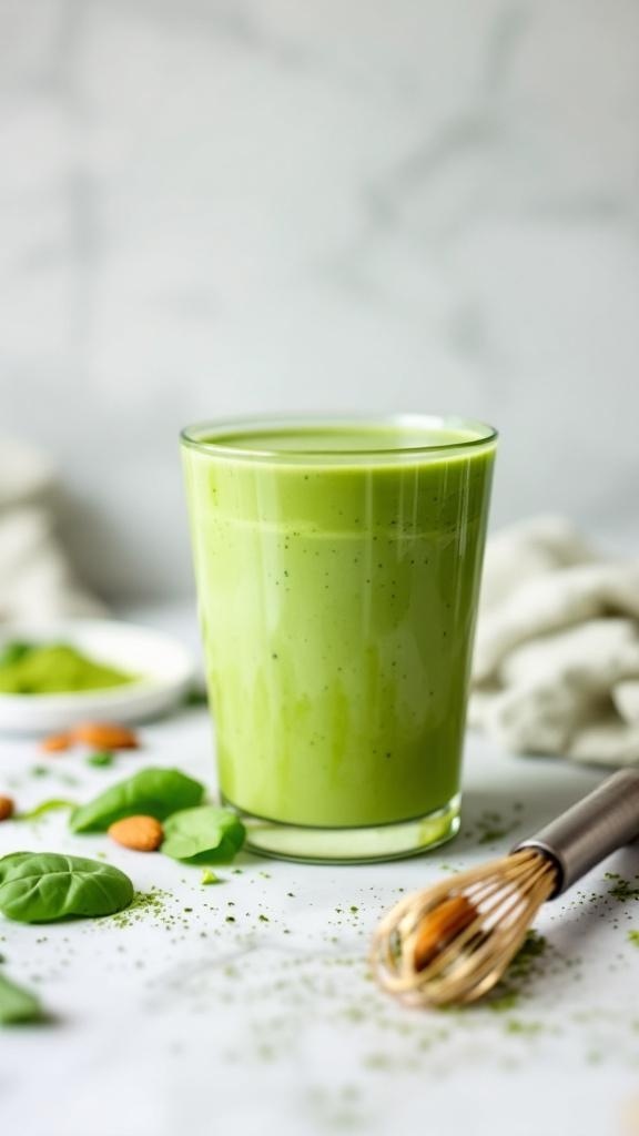 A green smoothie in a glass with spinach leaves and almonds around it.