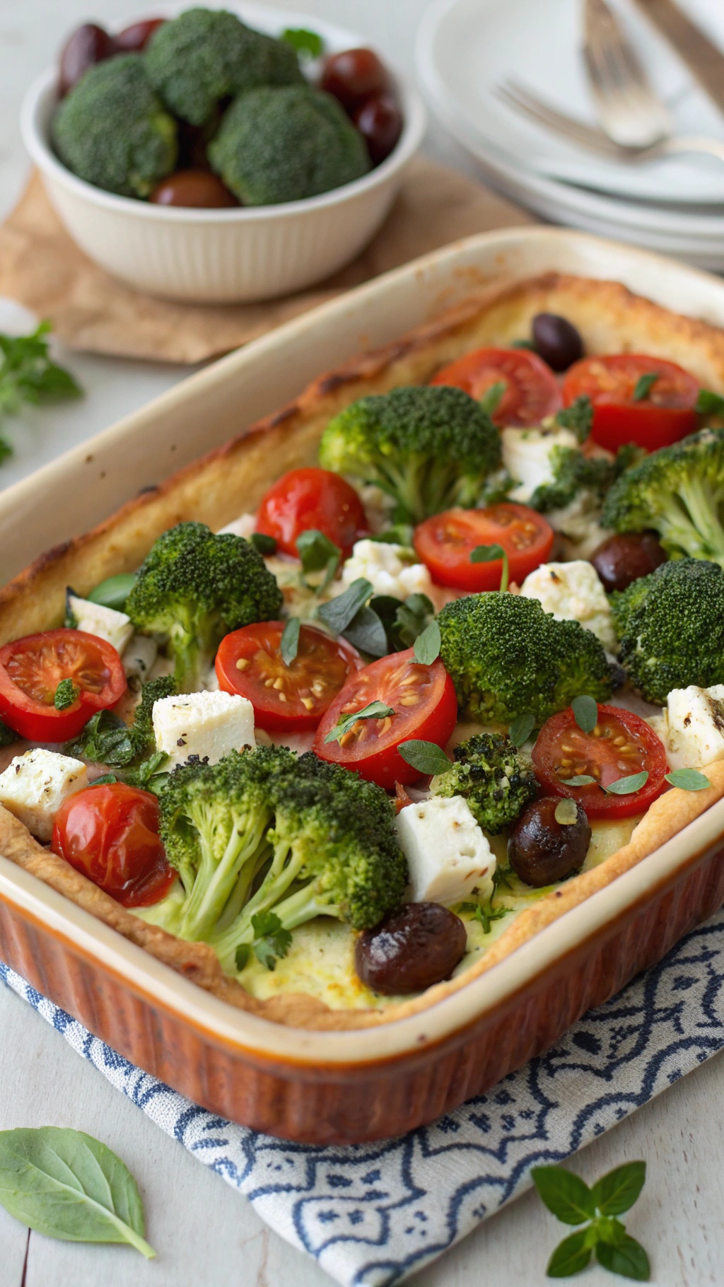 A Mediterranean broccoli and tomato bake with feta cheese and olives.
