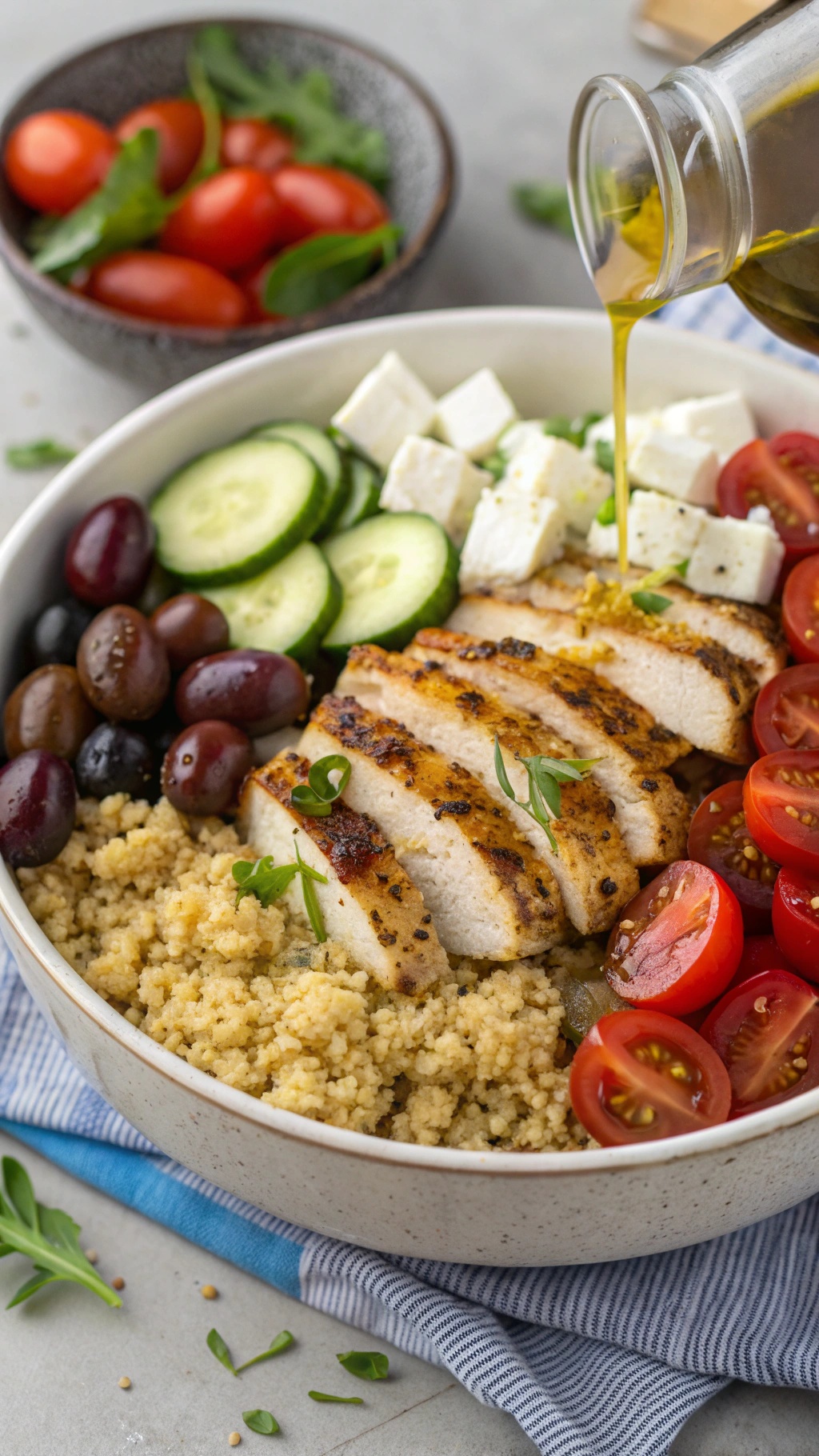 A Mediterranean Chicken Quinoa Bowl with grilled chicken, quinoa, cherry tomatoes, cucumber, feta cheese, and olives.
