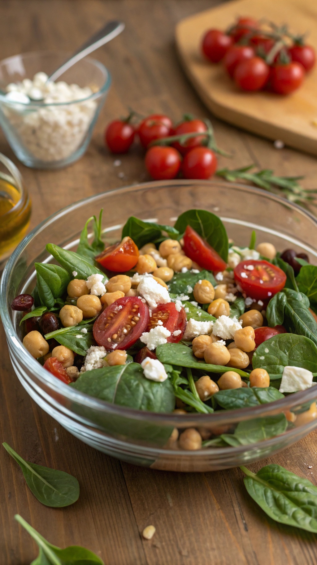 A vibrant Mediterranean Chickpea and Spinach Salad with cherry tomatoes, feta cheese, and olives.