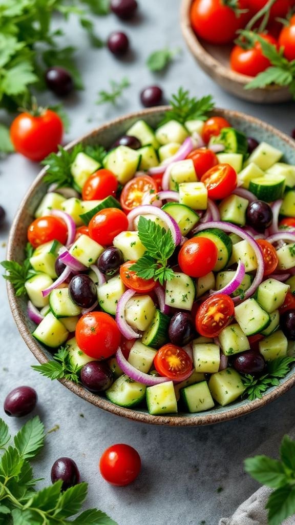 A bowl of Mediterranean cucumber salad with olives and tomatoes, garnished with fresh herbs.