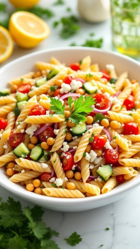 A colorful chickpea and feta pasta salad with cherry tomatoes, cucumbers, and parsley in a white bowl.