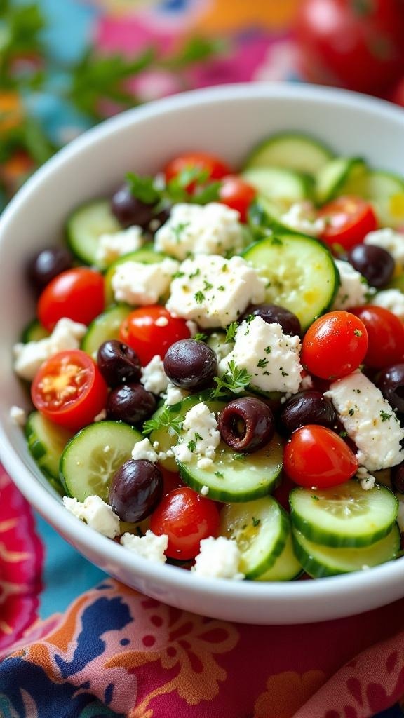 A colorful cucumber salad with feta cheese and olives in a white bowl