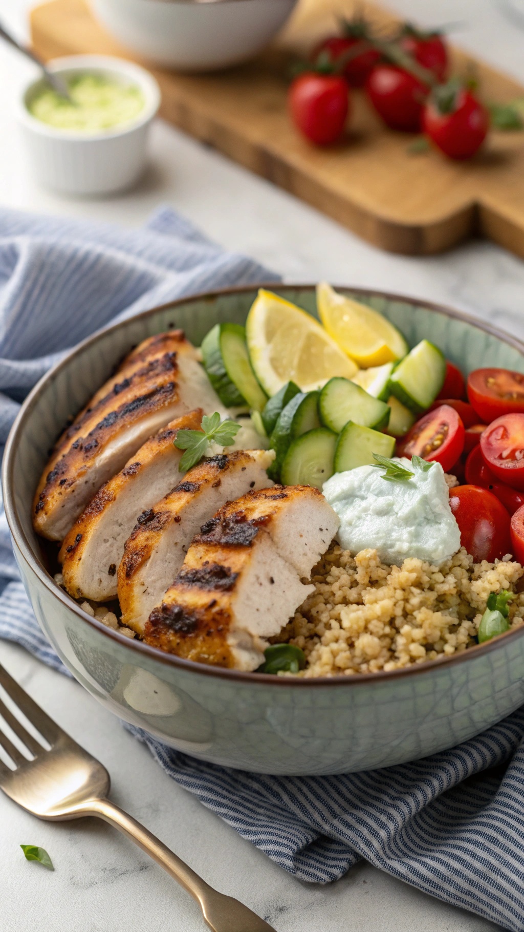 Mediterranean Grilled Chicken Bowl with chicken, couscous, cucumbers, tomatoes, and lemon