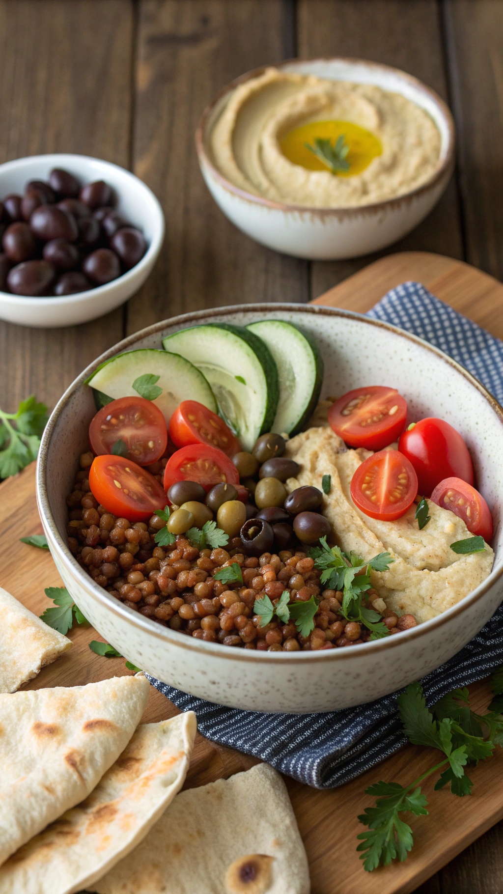 A Mediterranean lentil bowl with hummus, cherry tomatoes, cucumbers, olives, and pita bread.