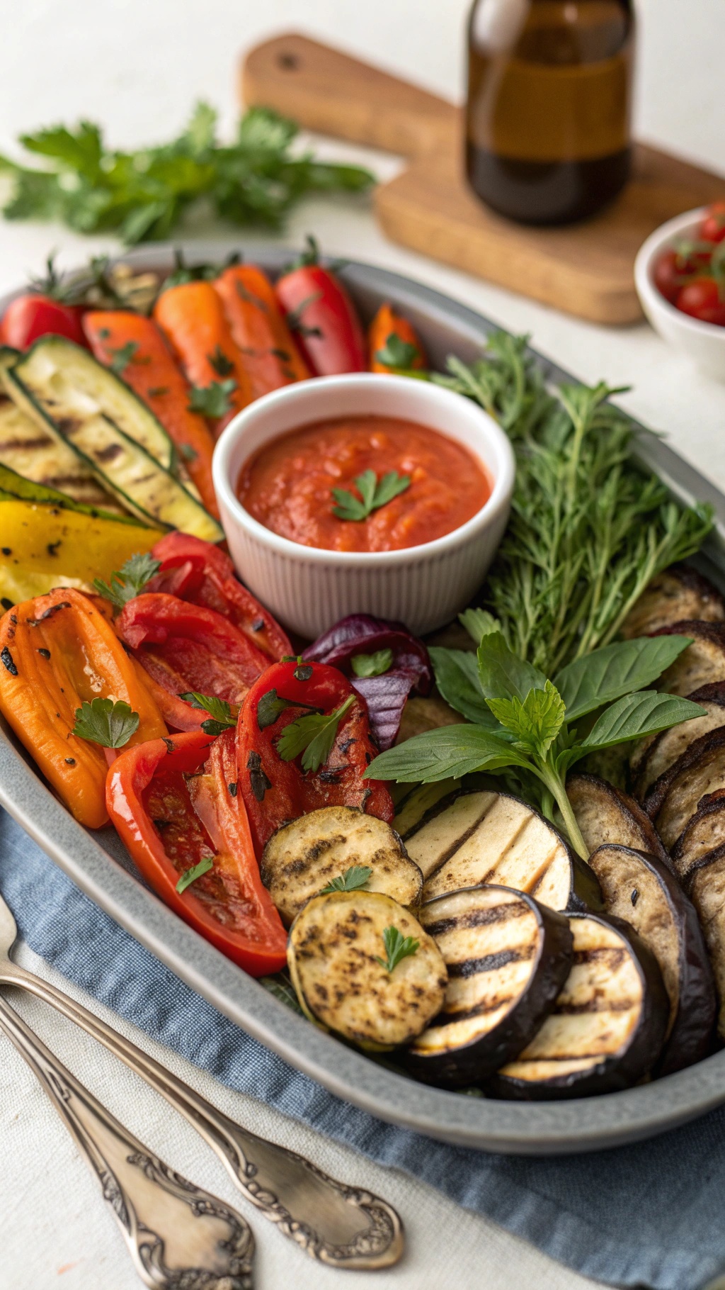 A colorful Mediterranean roasted vegetable platter with zucchini, eggplant, bell peppers, and a bowl of marinara sauce.