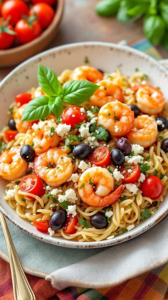 A bowl of Mediterranean shrimp and orzo with cherry tomatoes, olives, and fresh basil.