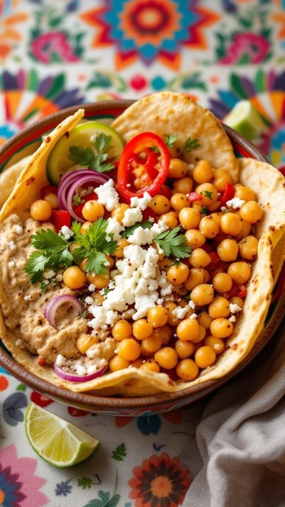 A colorful Mediterranean taco bowl with hummus, chickpeas, feta cheese, and fresh vegetables.