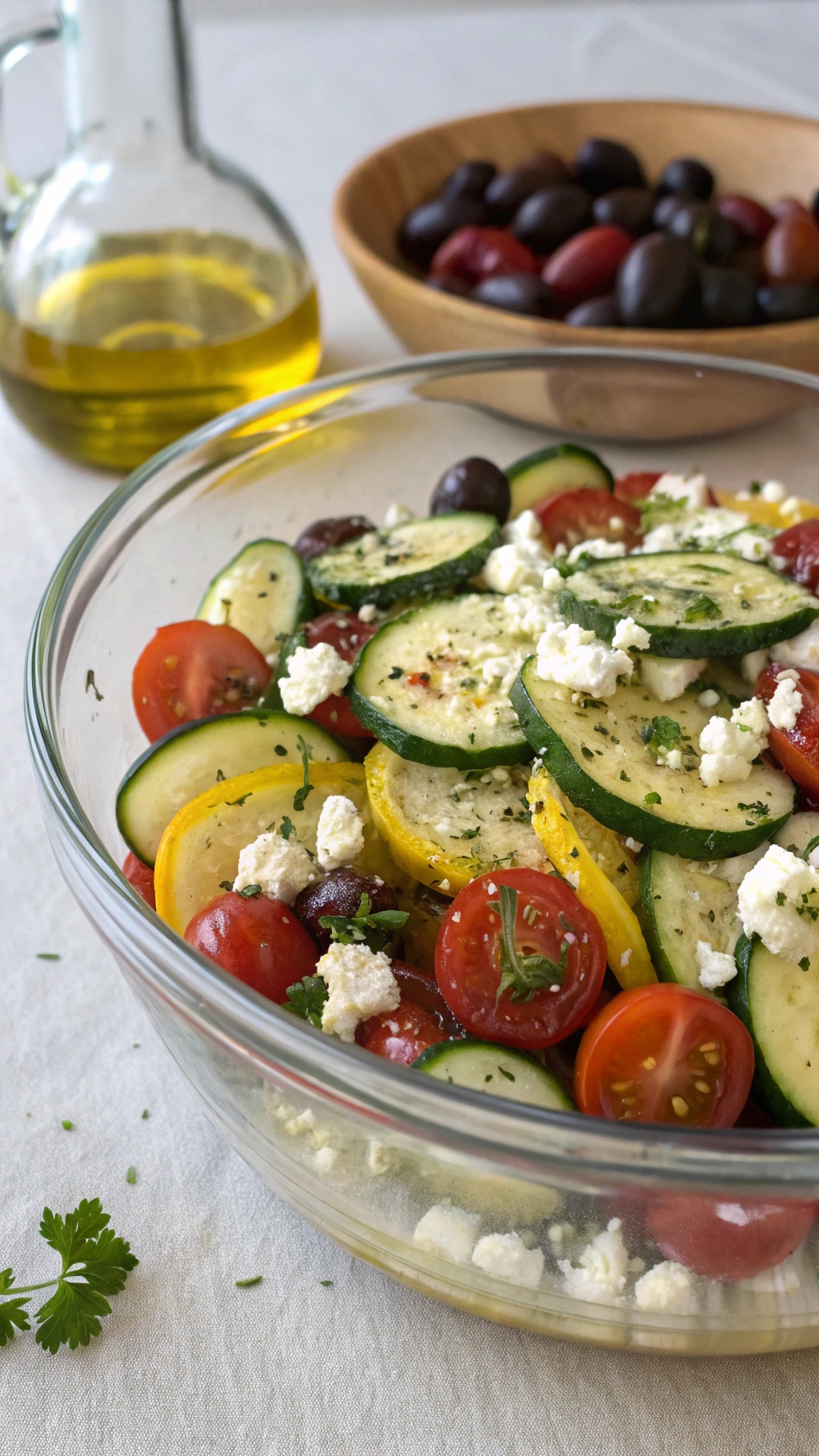 A colorful Mediterranean Zucchini Salad with zucchini, yellow squash, cherry tomatoes, olives, and feta cheese.