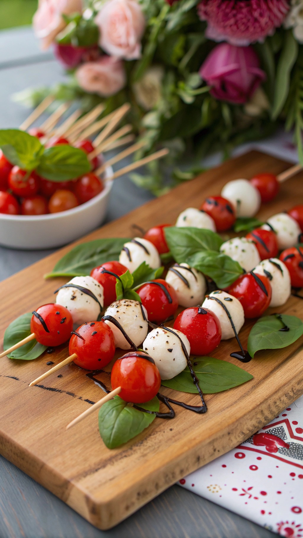 Mini Caprese skewers with cherry tomatoes, mozzarella balls, and basil on a wooden board