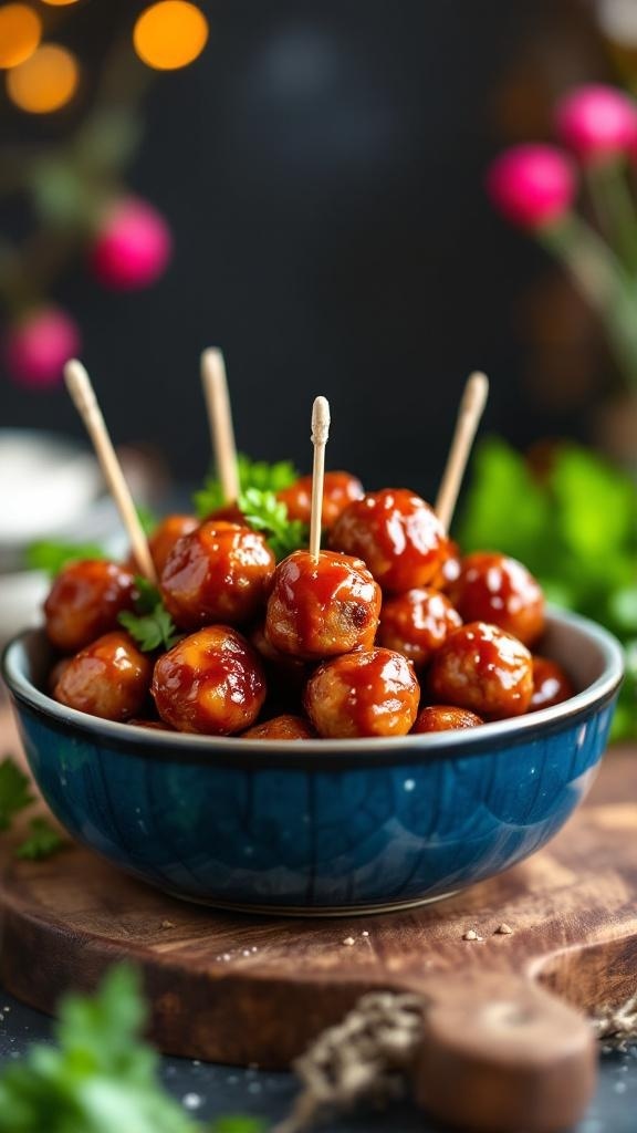 A bowl of mini meatballs with toothpicks, garnished with parsley.