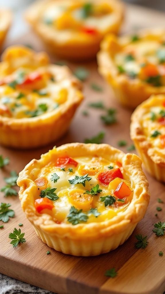 Mini quiches with colorful vegetables on a wooden board.