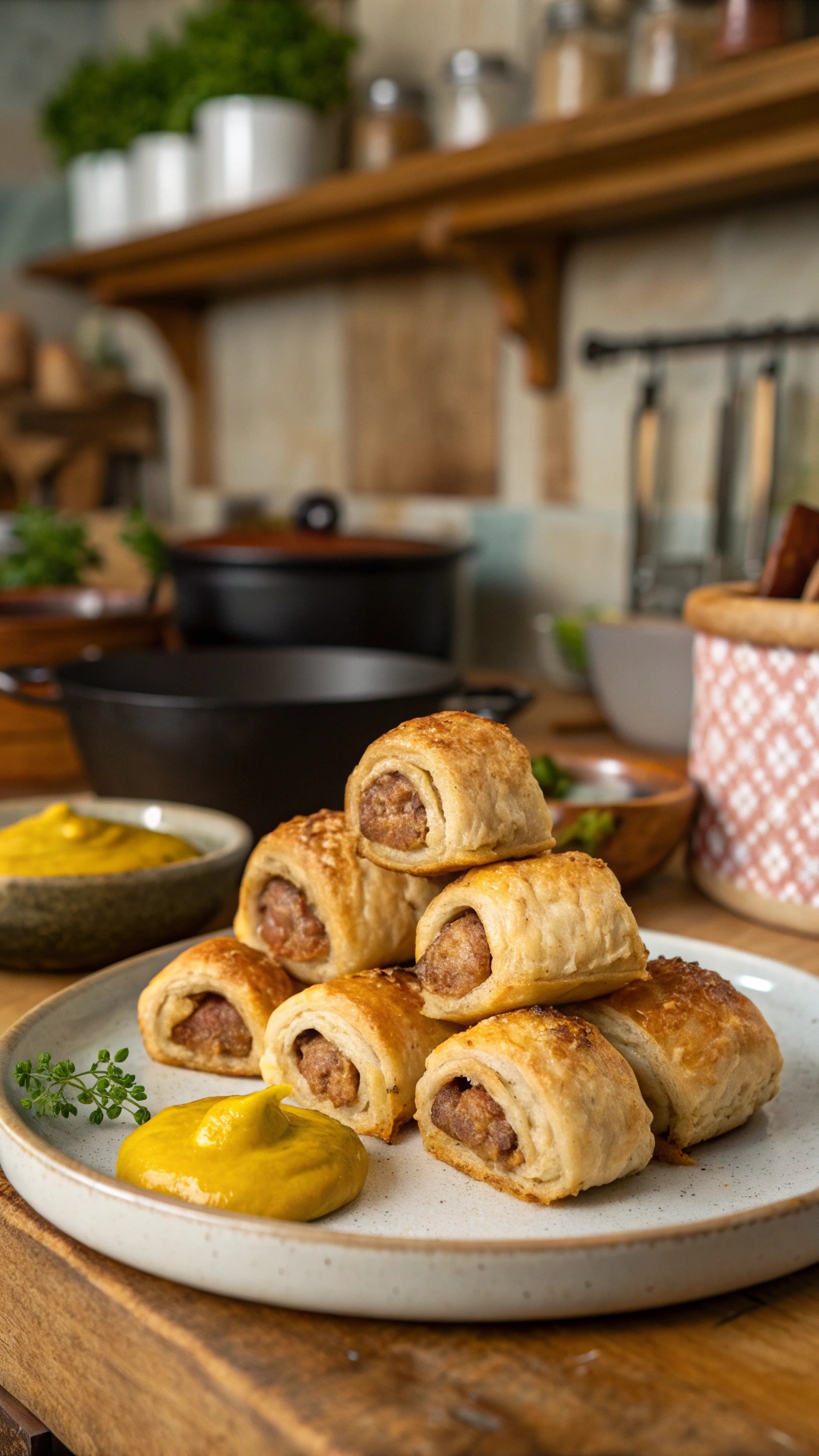 A plate of mini sausage rolls served with mustard
