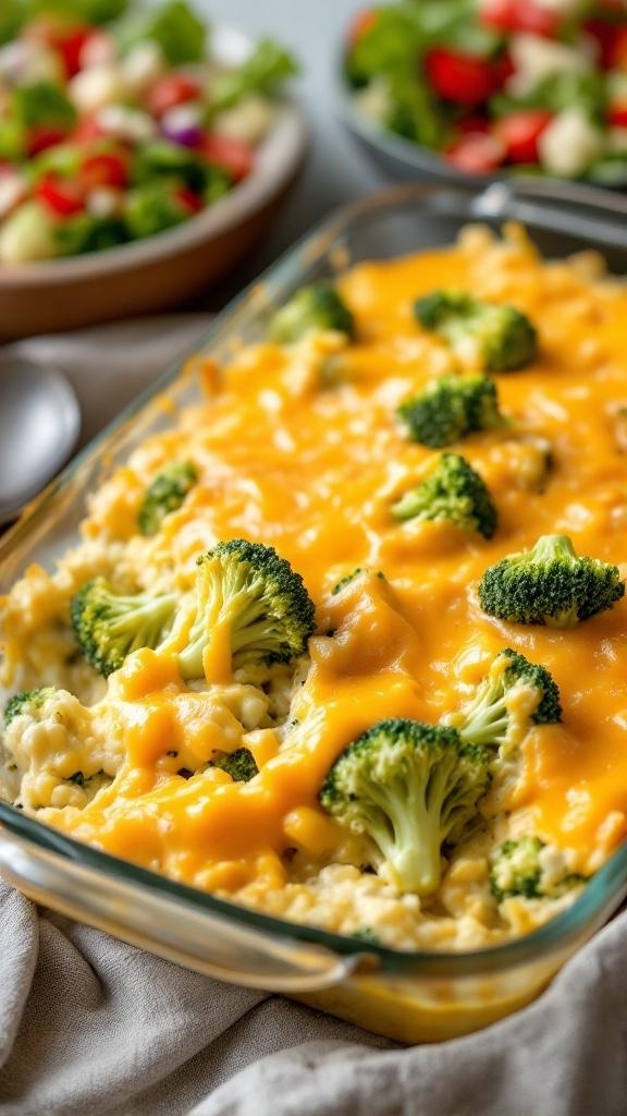 A delicious broccoli and cheddar casserole with melted cheese on top