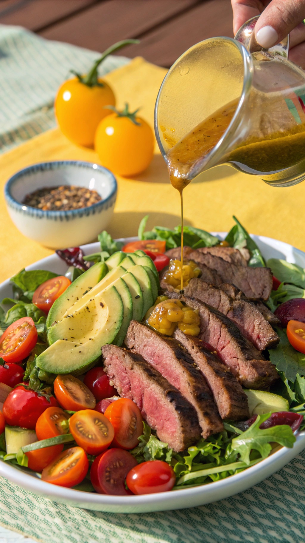 A delicious grilled steak salad with avocado, cherry tomatoes, and a tangy dressing.