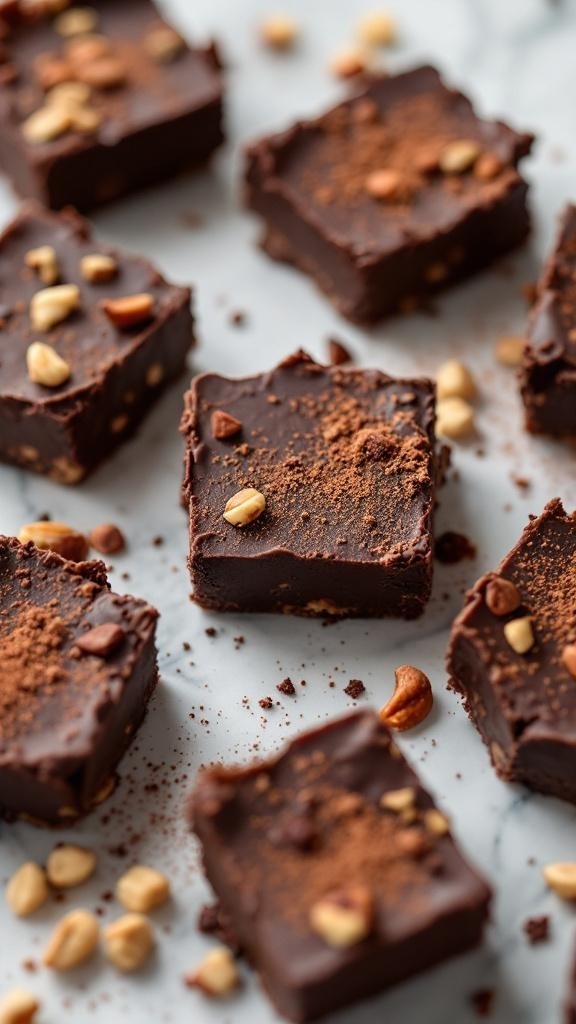 Delicious high-protein fudge squares topped with nuts and cocoa powder.
