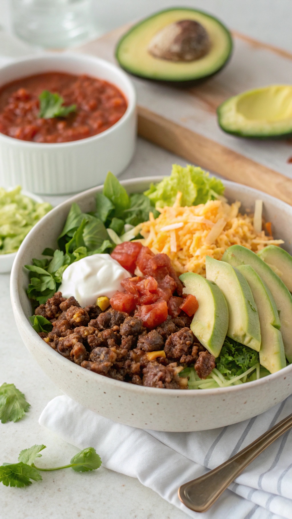 A delicious keto taco salad with ground beef, avocado, cheese, and fresh vegetables.