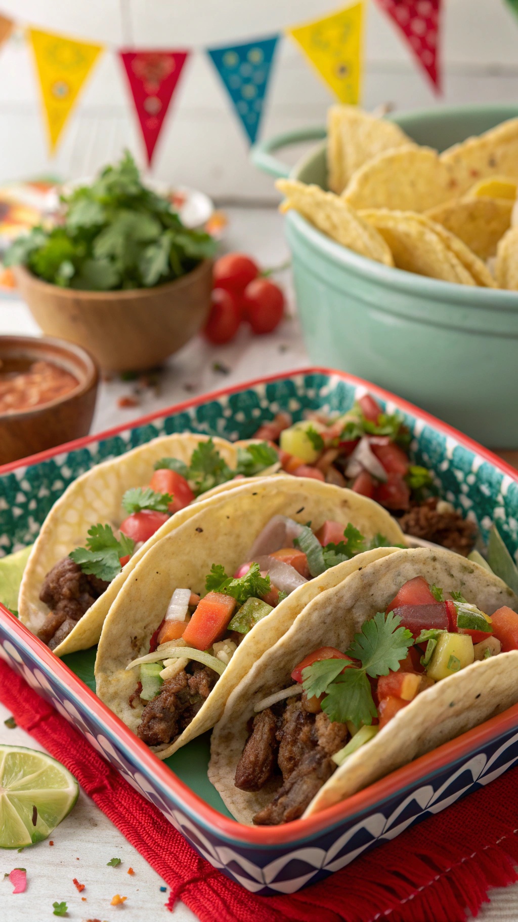 A colorful platter of mini tacos with toppings, surrounded by festive decorations.