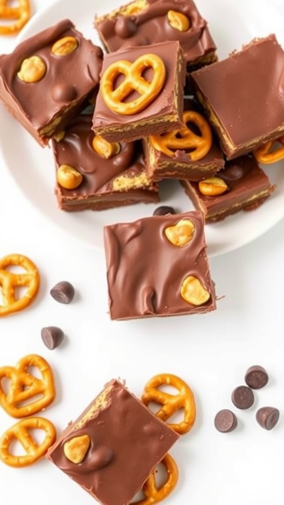 A plate of no-bake chocolate pretzel bars topped with pretzels and chocolate chips.