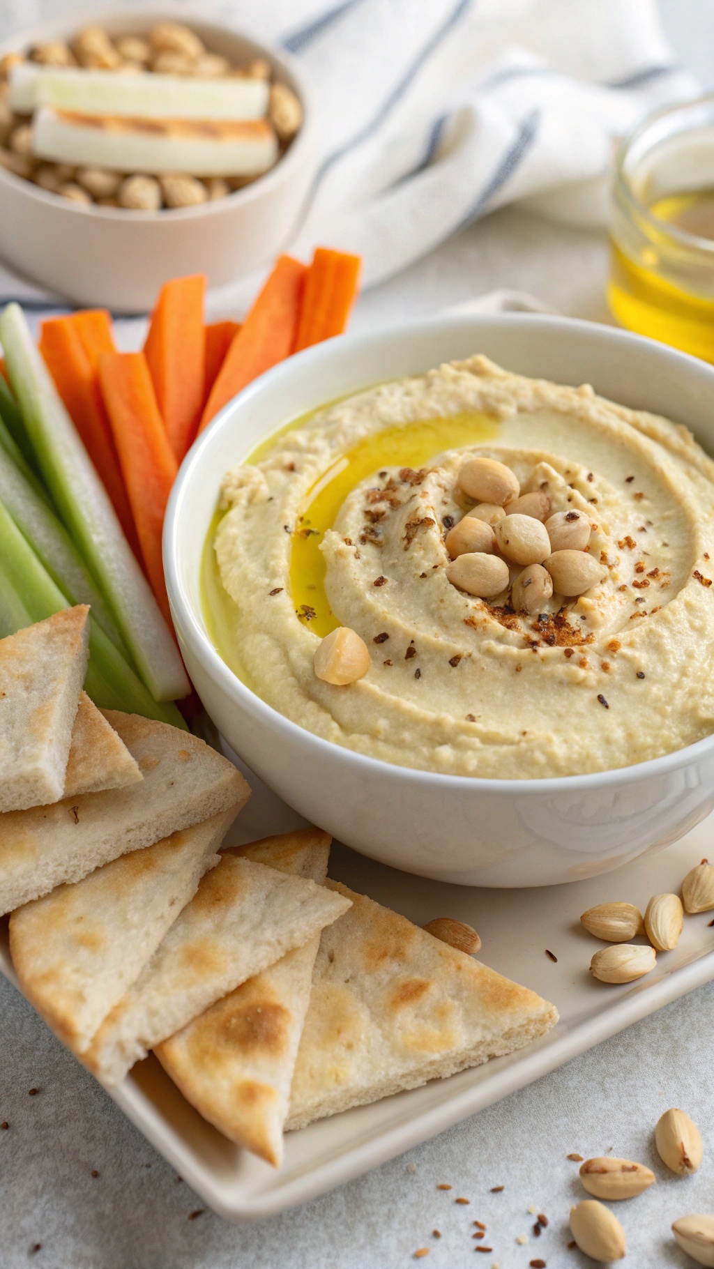 A bowl of roasted garlic and lemon hummus with pita bread and fresh vegetable sticks on the side.
