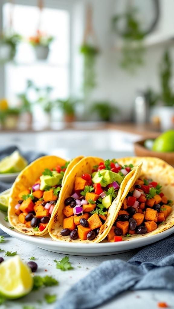 Sweet potato tacos with black beans, diced vegetables, and fresh cilantro on a plate.