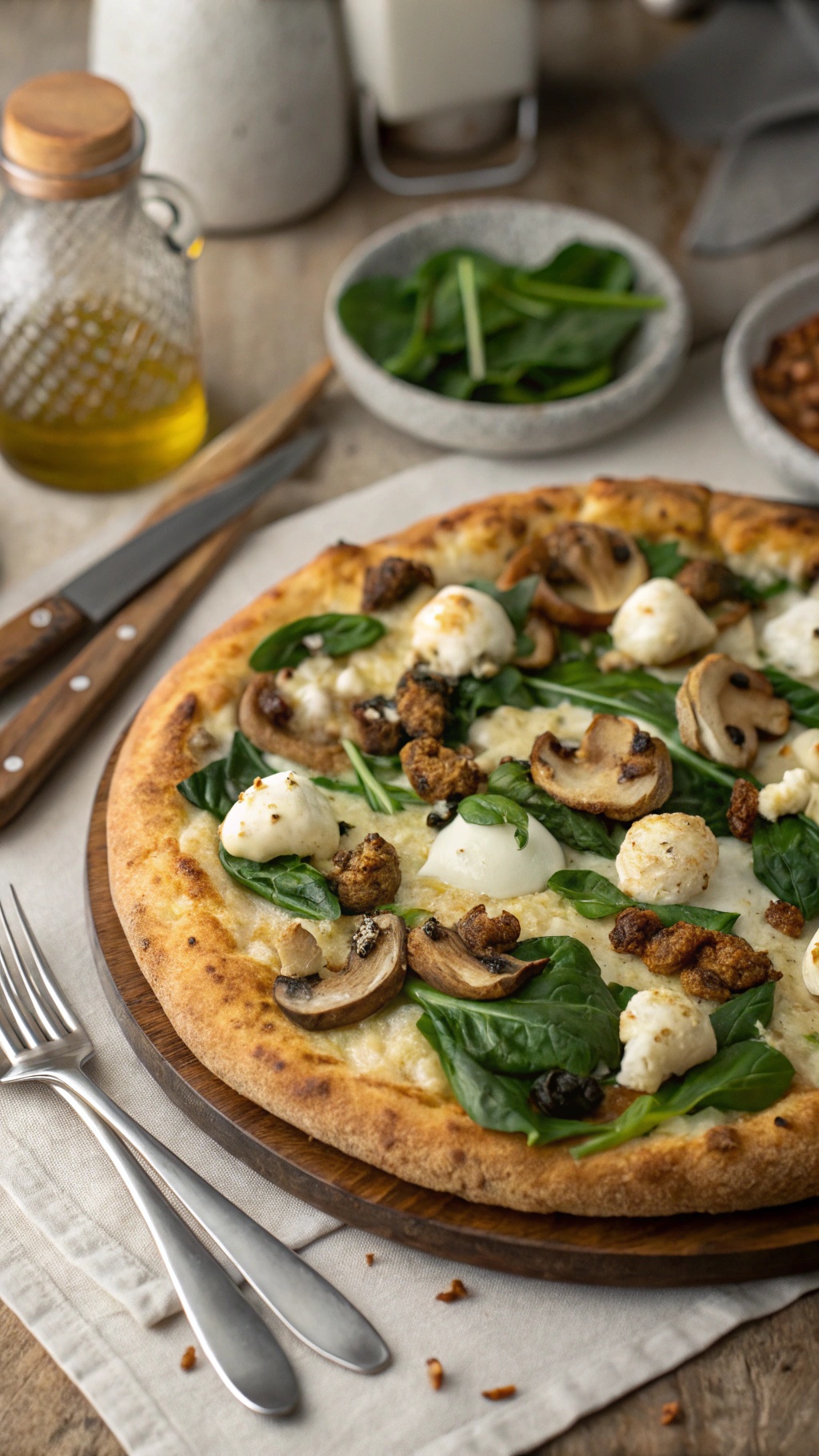 A delicious mushroom and spinach cauliflower pizza on a wooden board, garnished with fresh ingredients.