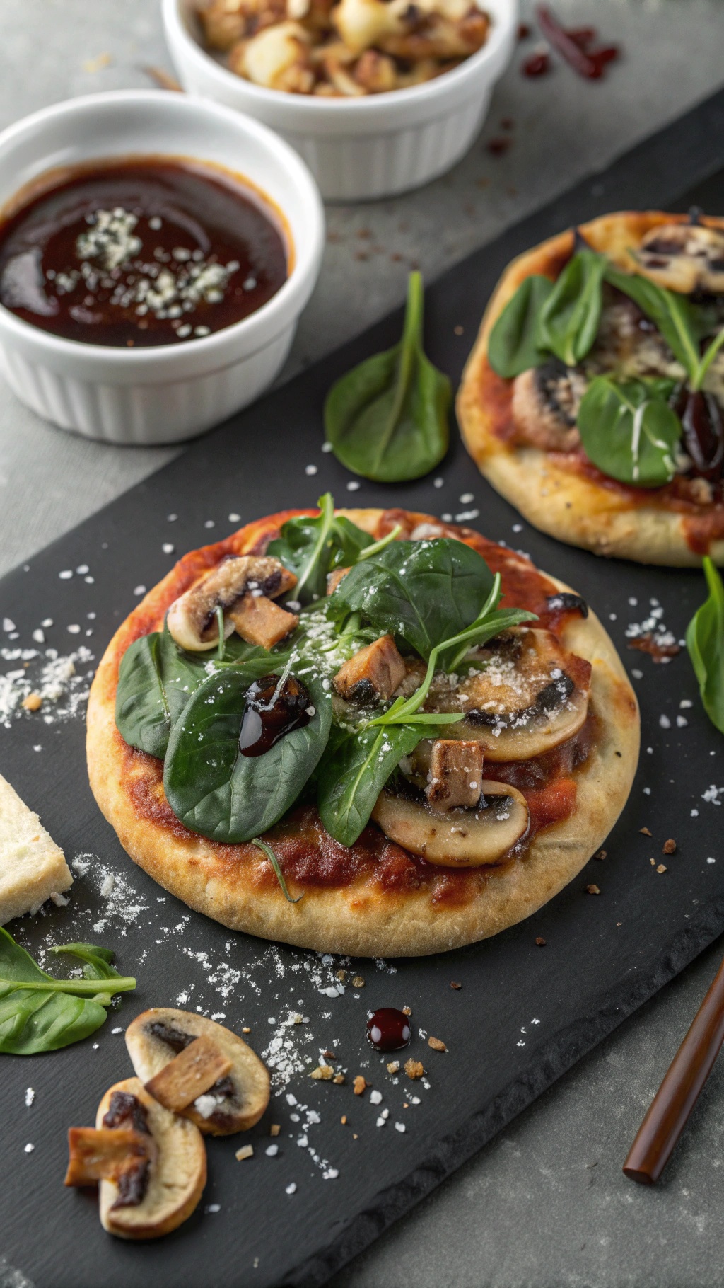 Two mushroom and spinach mini pizzas on a black slate with fresh ingredients.